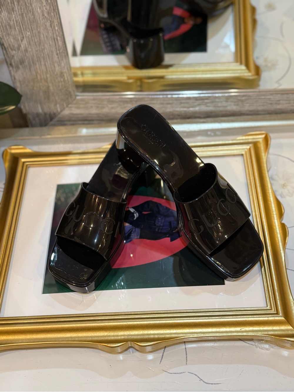 Gucci Black Patent Square-Toe Slide Mules - Picture 5 of 11